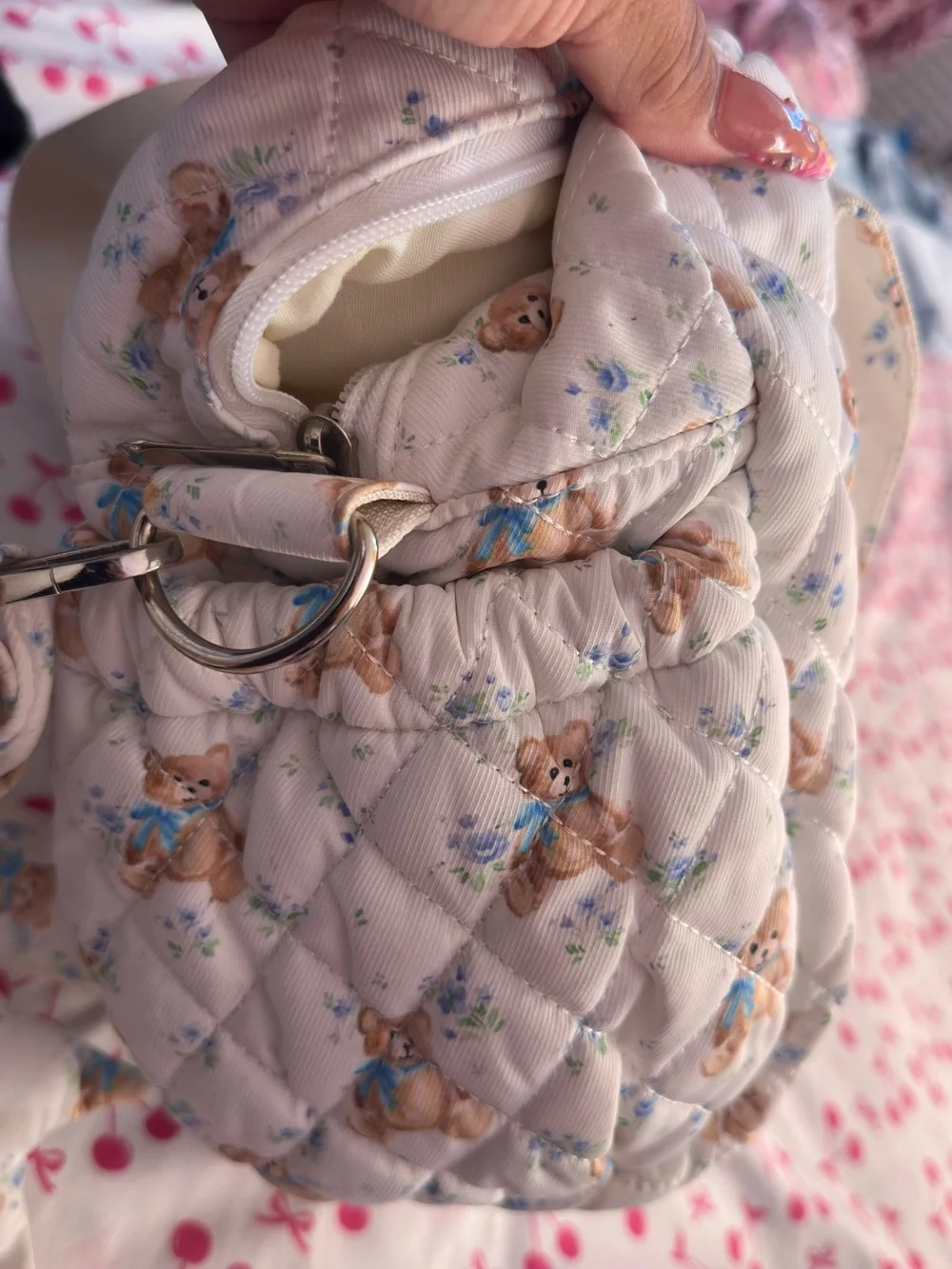 Quilted Teddy Print diaper Bag - White / Cream
